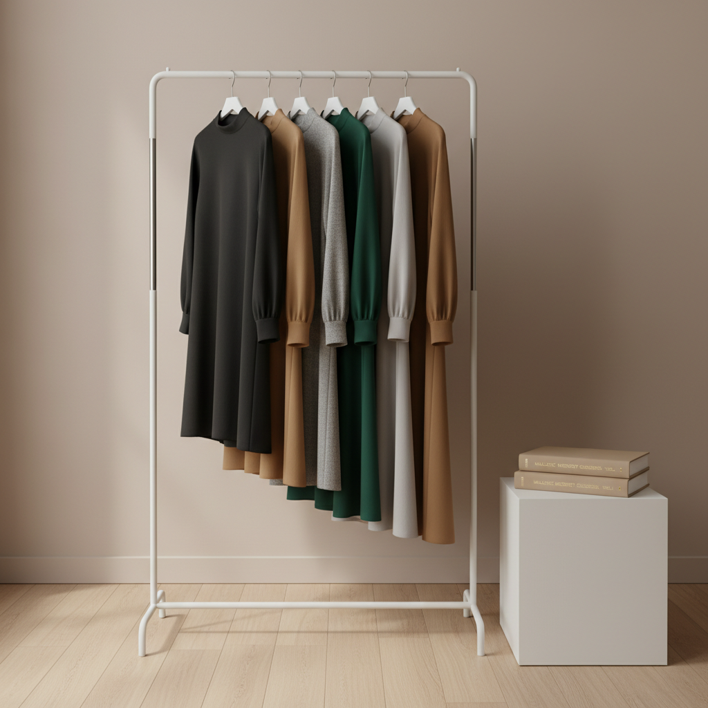 A curated selection of modest skirts and blouses hanging on a minimalist matte-white metal clothing rack, each piece opaque and below the knee, in coordinated neutral tones of black, camel, dove gray, and deep forest green. Fabrics include wool, crepe, and cotton, all with high necklines and full-length sleeves. The rack stands on smooth light oak flooring against a soft beige wall, with a small white side table holding two neatly stacked halachic modesty guidebooks. Diffused daylight pours in from an unseen window, creating a serene, professional atmosphere. Photographed at eye level with a shallow depth of field and a clean, editorial, photographic style emphasizing structure and detail for a modest clothing recommendation blog.