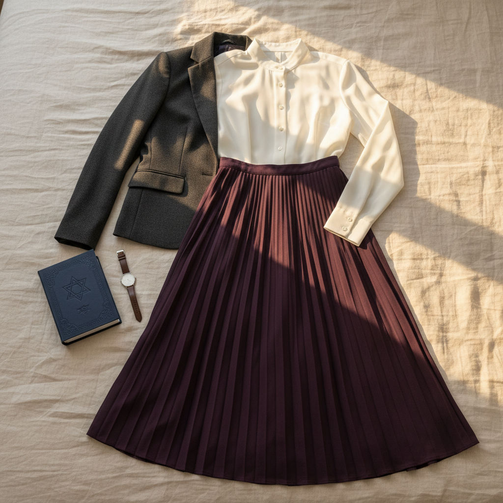 A Shabbat-ready modest outfit arranged on a pale, textured linen bedspread: a full-length dark plum pleated skirt, a crisp white button-up blouse with a high collar and covered buttons, and a structured dark gray blazer with no low-cut openings. Nearby lies a closed siddur with a tasteful embossed cover and a delicate silver watch with a leather strap. Warm late-afternoon sunlight filters through, casting soft golden highlights and gentle shadows across the fabric folds. Captured from a slightly elevated angle in realistic photography, with a balanced composition that feels dignified, serene, and professional, perfect for illustrating Shabbat outfit ideas for the Orthodox Jewish community without any human presence.