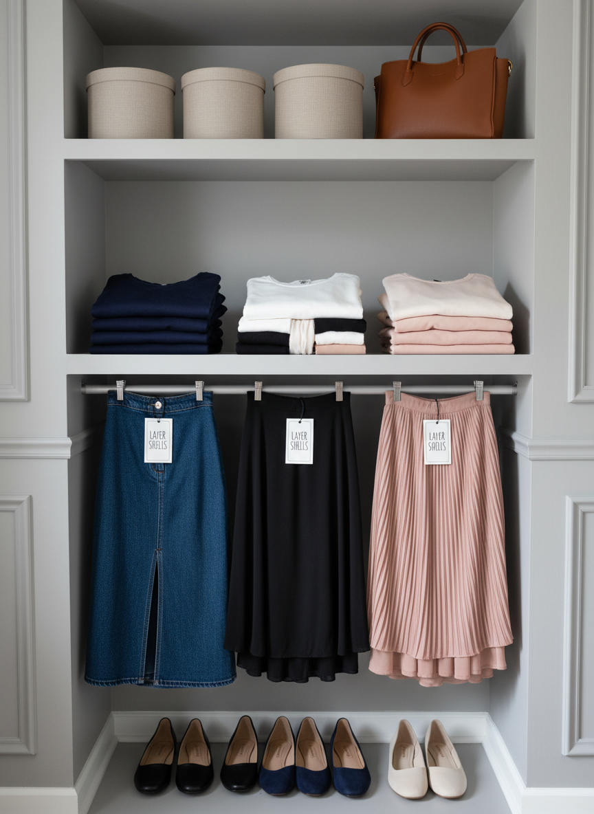 An organized wardrobe shelf system dedicated to modest basics: neatly stacked piles of opaque long-sleeve tops in navy, white, and blush; folded ankle-length skirts in denim, black jersey, and pleated chiffon; and modest layering shells clearly labeled in small, tasteful tags. A few closed hat boxes and a structured leather tote sit on the upper shelf, while simple, closed-toe flats line up below. The shelves are matte white, set against a soft gray wall with subtle molding details. Indirect daylight from the right produces a calm, even illumination. Shot straight-on with sharp focus throughout and a clean, realistic photographic style, creating a professional, orderly atmosphere ideal for an article on building a modest wardrobe foundation.