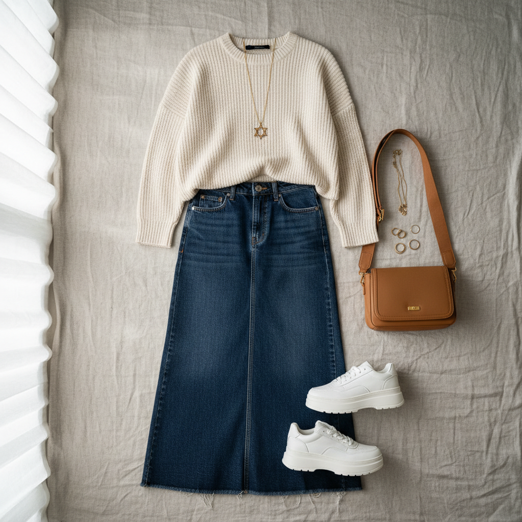 A modern, fashion-forward modest outfit flat lay for a young Orthodox Jewish woman: a long denim maxi skirt, oversized cream crewneck sweater, chunky white sneakers, structured tan crossbody bag, and dainty gold jewelry. Shot from above on a neutral textured background with soft natural light, Pinterest-style aesthetic, clean and minimalist, no people.