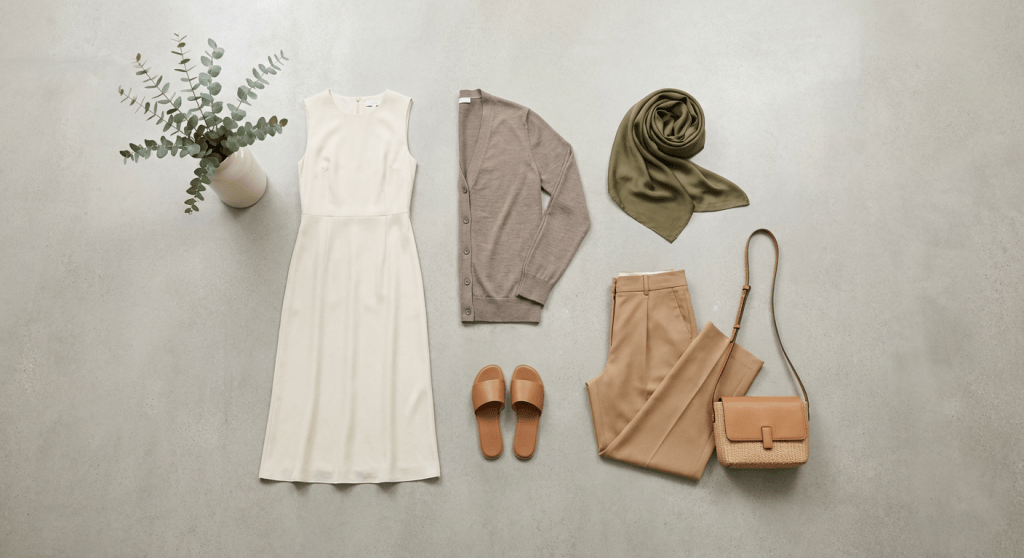 Flat lay of neutral-toned linen clothes, a cardigan, sandals, and a woven bag.