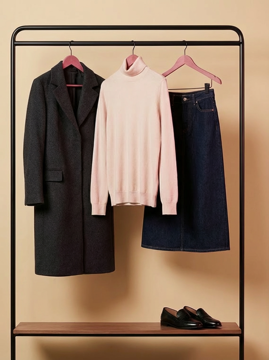 A stylish modest winter street-style outfit on a hanger and shelf: long charcoal wool coat, ribbed high-neck cream sweater, dark denim midi skirt that fully covers the knees, opaque black tights folded nearby, and chunky leather loafers. Set against a textured beige wall with a slim black metal clothing rail, soft directional light, modern editorial aesthetic, no people. A stylish modest winter street-style outfit on a hanger and shelf: long charcoal wool coat, ribbed high-neck cream sweater, dark denim midi skirt that fully covers the knees, opaque black tights folded nearby, and chunky leather loafers. Set against a textured beige wall with a slim black metal clothing rail, soft directional light, modern editorial aesthetic, no people.