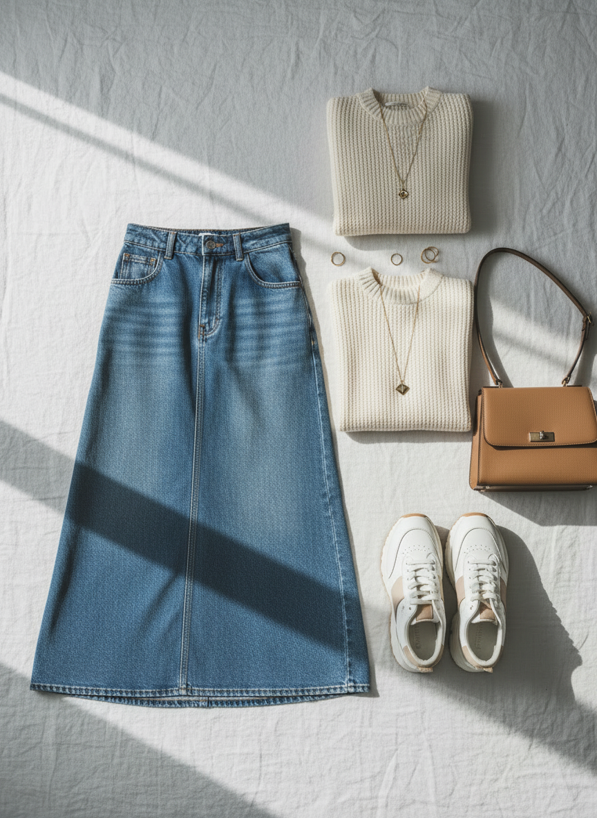 A flat lay of a trendy, modest outfit for a young woman, including a long denim skirt, oversized neutral sweater, stylish sneakers, a structured crossbody bag, and delicate gold jewelry, shot in soft natural light on a clean background. Aesthetic, Pinterest-style fashion inspo.